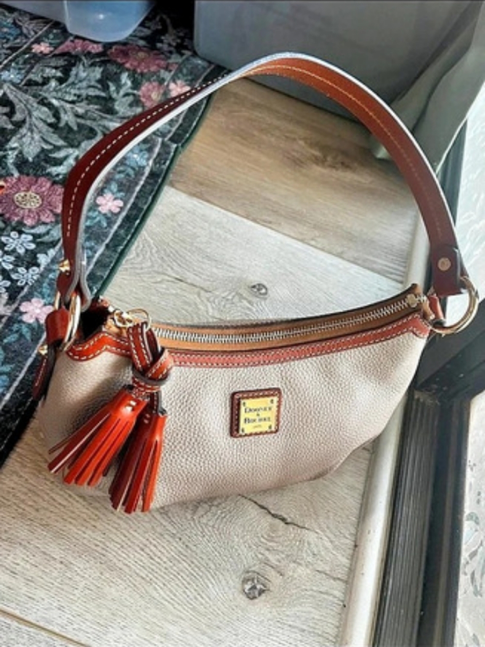 Dooney & Bourke Pebble Grain Tassel Shoulder Bag Brown & Beige